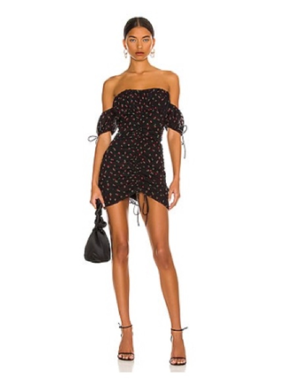 More To Come Black Floral Off-Shoulder Ruched Mini Dress -
Size M
